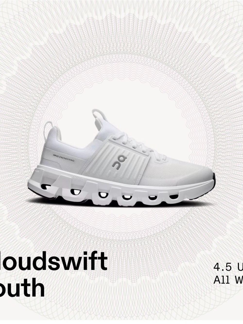 On Cloud Running Kids White Cloudswift Sneaker with Black Outsole Details
